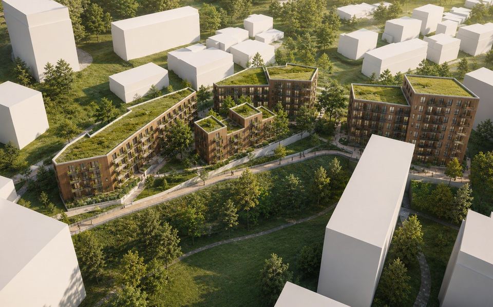 Volumstudie av mulig boligbebyggelse i Kværnerbyen