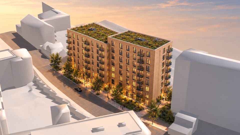 Visualisering av boligbebyggelse i massivtre i Oslo sentrum