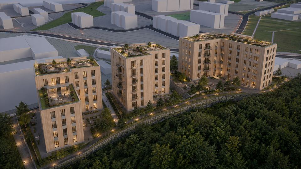 Visualisering av tre boligvolumer i Lørenskog sentrum