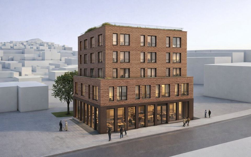 Visualisering av hjørnebygg med omsorgsboliger i Strømmen sentrum